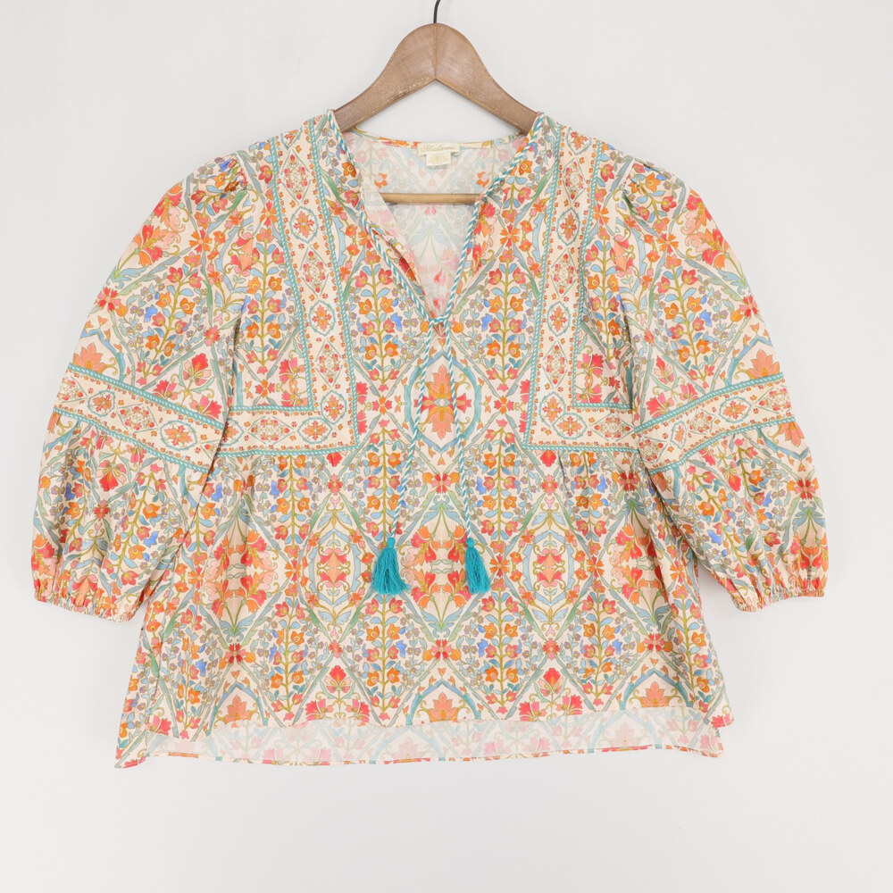 Shoshanna Blouse Womens L Multicolor Floral Tassel V Neck Puff Sleeve Boho